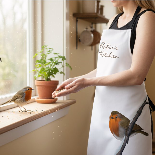 Robin Bird on Branch Personalized Kitchen Apron (A sweet little robin sat on a snowy branch waiting for your to add your name and come home with you)