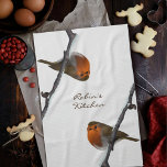 Robin Bird on Branch Personalized Kitchen Towel<br><div class="desc">A hand painted robin sat on a snowy winter's branch. Just add your name to this kitchen towel. His name is Bob.</div>