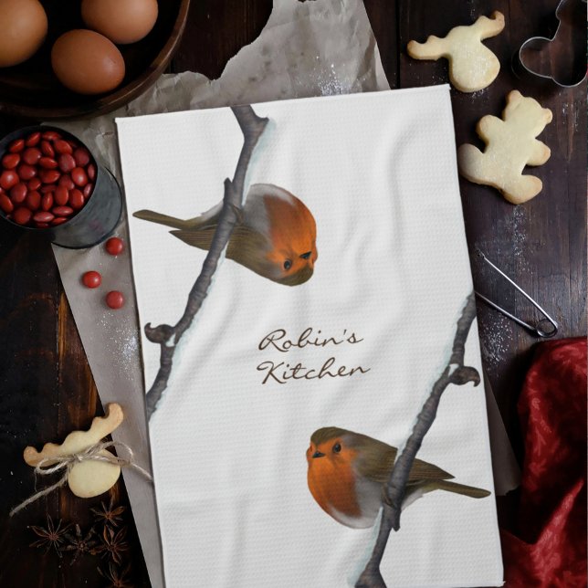 Robin Bird on Branch Personalized Kitchen Towel (Creator Uploaded)