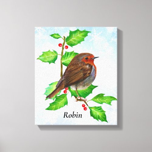 Robin Bird on Holly Watercolor Painting Canvas Print