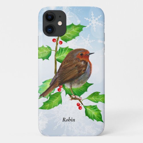 Robin Bird on Holly Watercolor Painting iPhone 11 Case