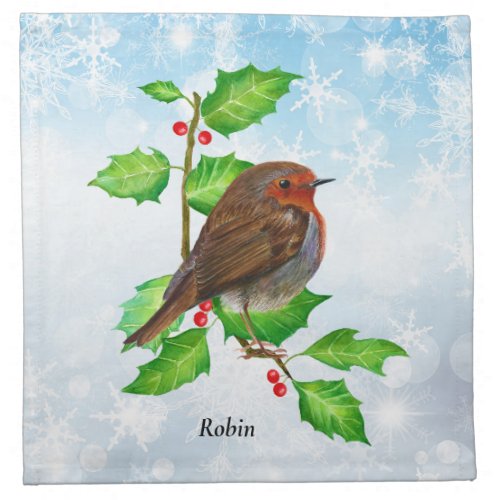Robin Bird on Holly Watercolor Painting Cloth Napkin