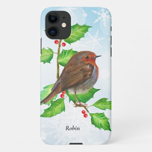 Robin Bird on Holly Watercolor Painting iPhone 11 Case