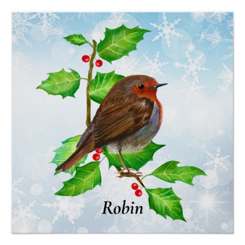Robin Bird on Holly Watercolor Painting Poster