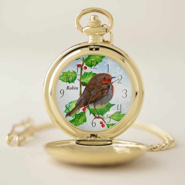 Robin Bird on Holly Watercolor Pocket Watch (Inside)