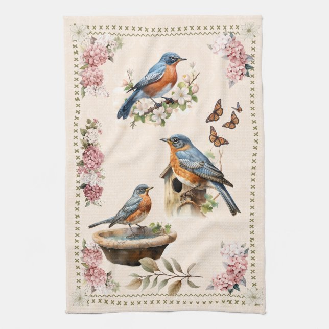 Robin Bird Peach Damask Kitchen Towel (Vertical)