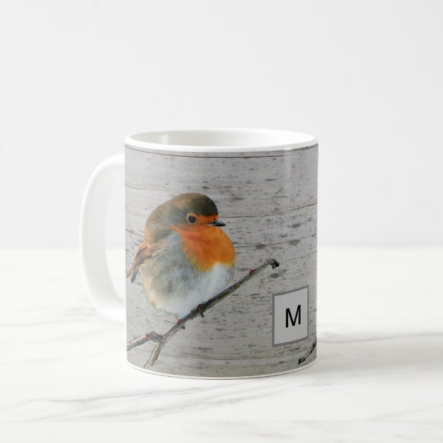 Robin bird red breast on wood monogrammed coffee mug (Front Left)