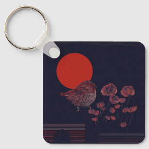 Robin Bird Red Sun Illustration Keychain