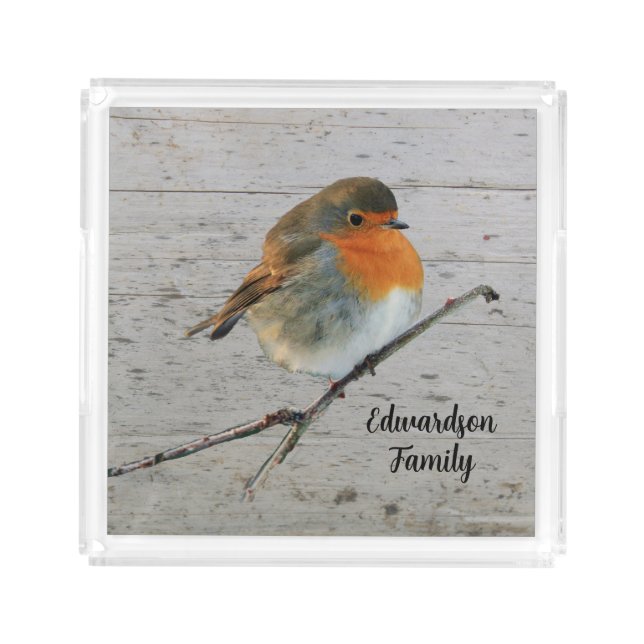 Robin bird redbreast wood monogrammed acrylic tray (Front)