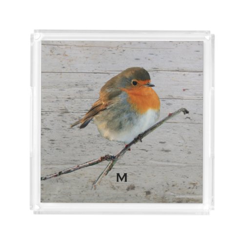 Robin bird redbreast wood monogrammed acrylic tray