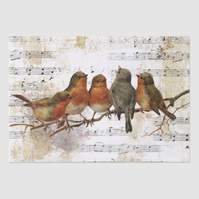 Robin Bird Sheet Music Gold Silver Notes Decoupage (Front)