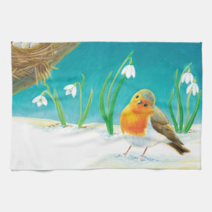 Robin Bird, snow & snowdrops Illustration Kitchen Towel
