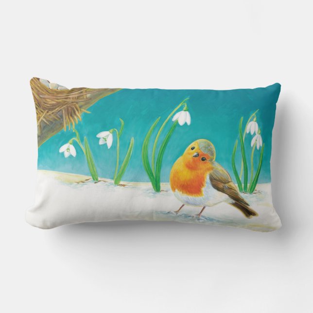 Robin Bird, snow & snowdrops Illustration Lumbar Pillow (Front)