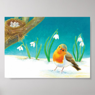 Robin Bird, snow & snowdrops Illustration Poster