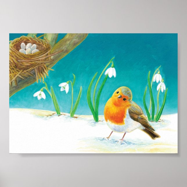 Robin Bird, snow & snowdrops Illustration Poster (Front)