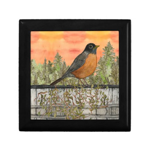 Robin Bird Sunset Orange Tile Keepsake Jewelry Box