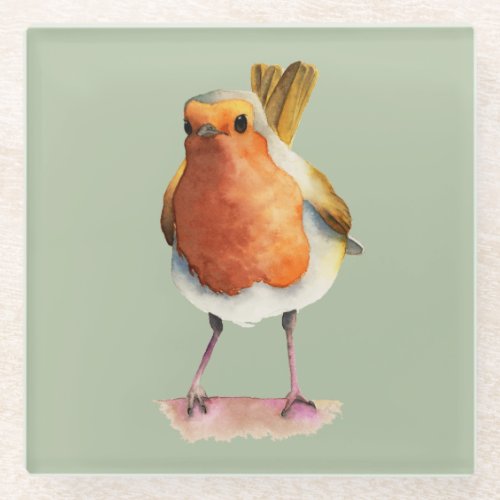 Robin Bird Watercolor Painting Glass Coaster