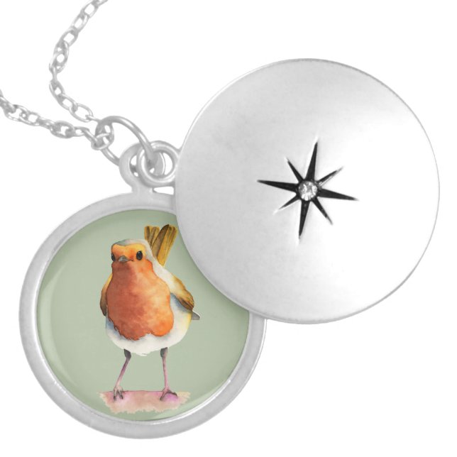 Robin Bird Watercolor Painting Silver Plated Necklace (Front)