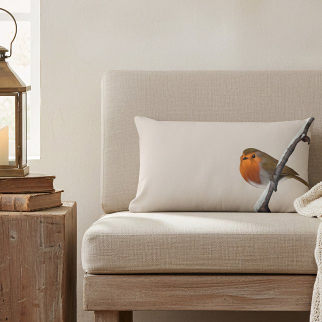 Robin Bird Winter Branch Natural Lumbar Pillow (A lone robin sits on a winter branch on this lumbar pillow. He'd love to sit on your armchair )