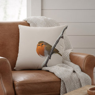 Robin Bird Winter Branch Natural Throw Pillow