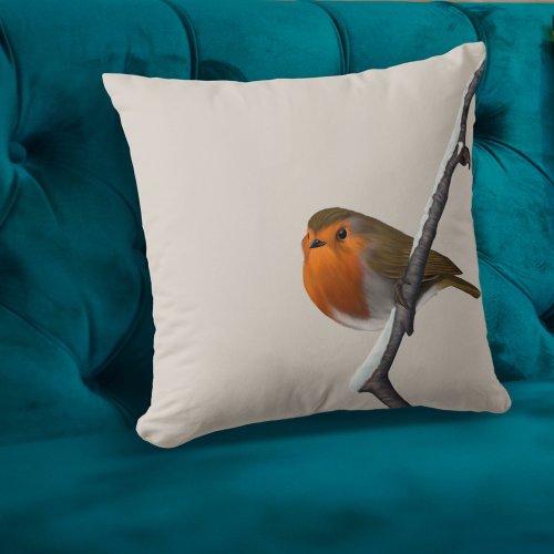 Robin Bird Winter Branch Natural Throw Pillow