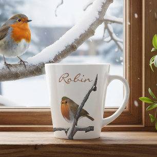 Robin Bird Winter Branch Personalized Latte Mug