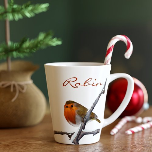 Robin Bird Winter Branch Personalized Latte Mug