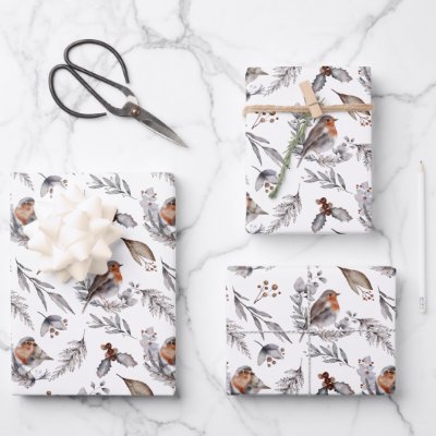 Robin Bird Woodland Greenery Christmas Wrapping Paper Sheets