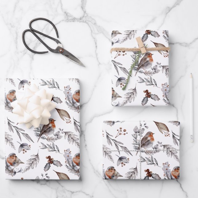 Robin Bird Woodland Greenery Christmas Wrapping Paper Sheets (Front)