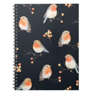 Robin birds and berries rowan on dry branches, sea notebook