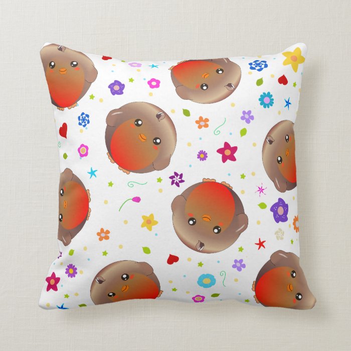 Robin birds and flowers   white cushion throw pillow