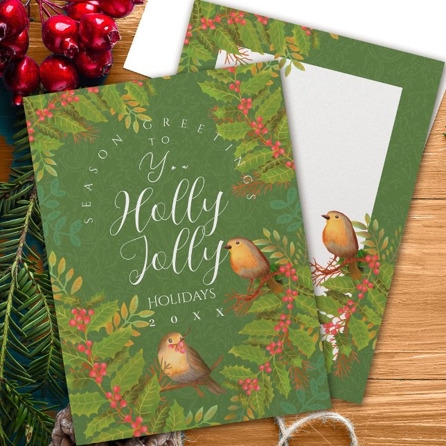 Robin Birds Holly Berry Green Holiday Card (Robin Birds Holly Berry Design.)