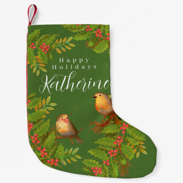Robin Birds Holly Berry Green Small Christmas Stocking (Front)