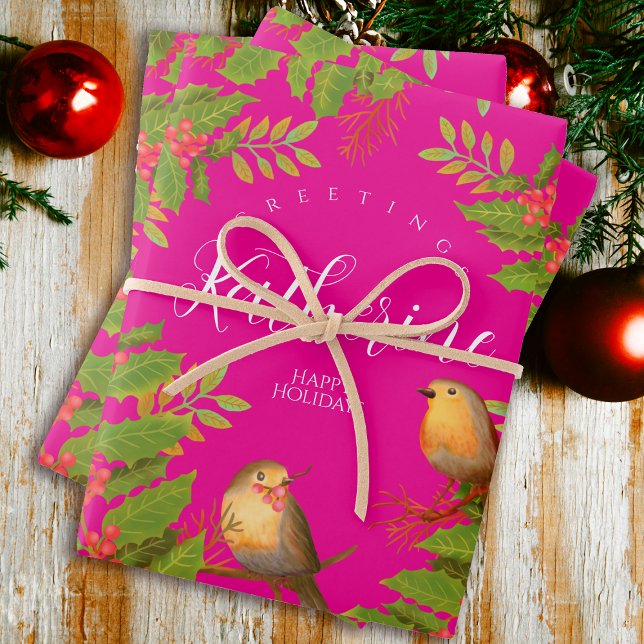 Robin Birds Holly Berry Hot Pink Wrapping Paper Sheets (Robin Birds Holly Berry Design.)