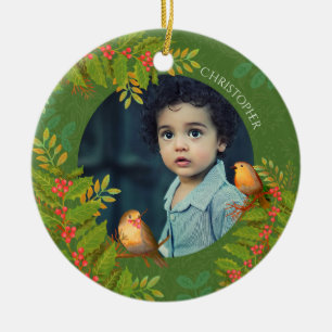 Robin Birds Holly Berry Photo Green Ceramic Ornament