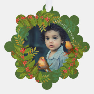 Robin Birds Holly Berry Photo Green Ornament Card