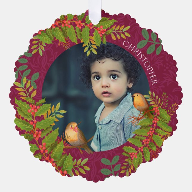 Robin Birds Holly Berry Photo Wine Ornament Card (Front)