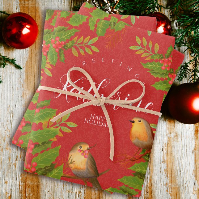 Robin Birds Holly Berry Red Wrapping Paper Sheets (Robin Birds Holly Berry Design.)
