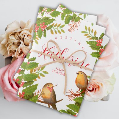 Robin Birds Holly Berry White Wrapping Paper Sheets