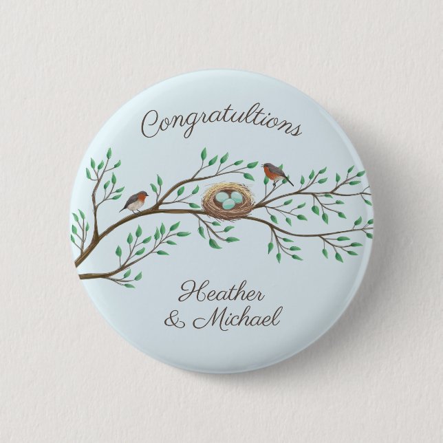 Robin Birds Nest Eggs Spring Baby Shower Button (Front)