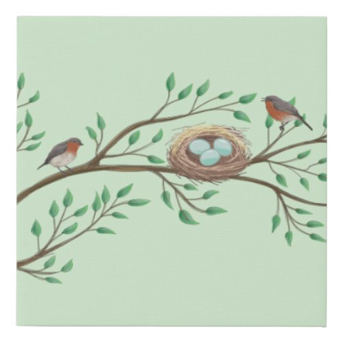 Robin Birds Nest Eggs Spring Baby Shower Faux Canvas Print