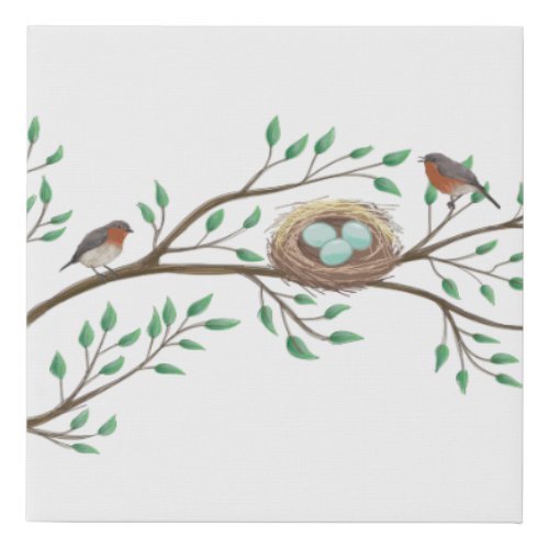 Robin Birds Nest Eggs Spring Baby Shower Faux Canvas Print