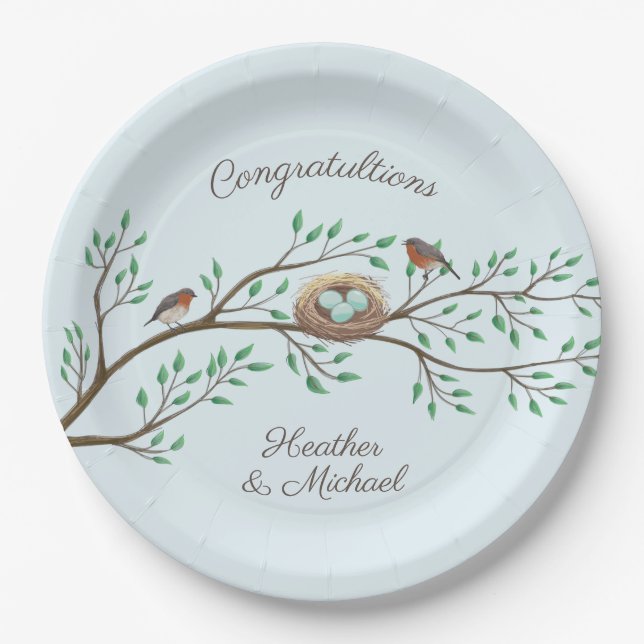 Robin Birds Nest Eggs Spring Baby Shower Paper Plates (Front)