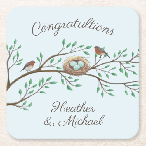 Robin Birds Nest Eggs Spring Baby Shower Square Paper Coaster