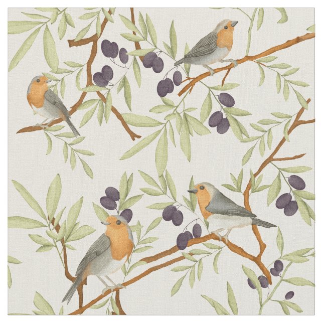 Robin birds on olive branches fabric (Close Up)