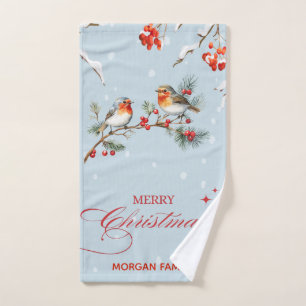 Robin Birds Tree Branchs Merry Christmas Blue Bath Towel Set