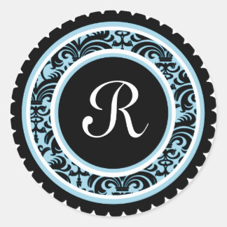 Robin Blue Damask Monogram Initial Sticker