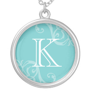 Robin blue flourish initial monogram letter charm silver plated necklace