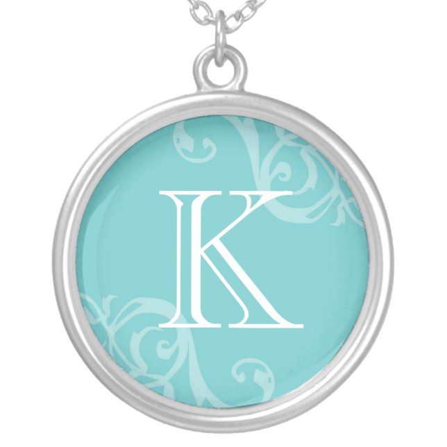 Robin blue flourish initial monogram letter charm silver plated necklace (Front)