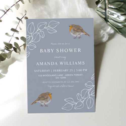 Robin Botanical Dusty Blue Baby Shower  Invitation